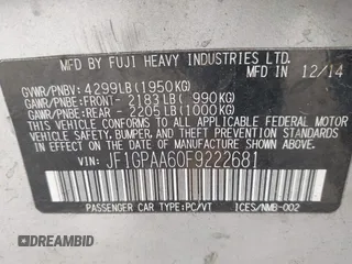 2015 Subaru Impreza 2.0i z VIN JF1GPAA60F9222681, wystawiony jako IAAI lot #42252635 z przebiegiem 146 853 mil mil oraz . Historia ofert i sprzedaży dostępna na DreamBid. Obrazek 9.