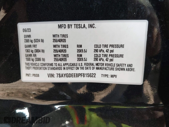 2023 Tesla Model Y Long Range with VIN 7SAYGDEE8PF815622, listed as a IAAI auction lot 41515433 with 70,862 mi miles and . Bid and sale history available at DreamBid. Image 9.
