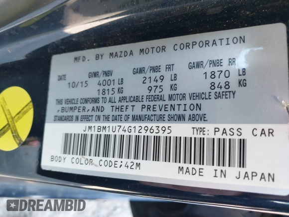 2016 Mazda 3 i Sport with VIN JM1BM1U74G1296395, listed as a IAAI auction lot 41765448 with 162,440 mi miles and . Bid and sale history available at DreamBid. Image 9.