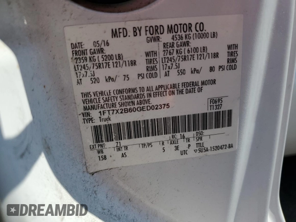 2016 Ford F-250 XLT with VIN 1FT7X2B60GED02375, listed as a Copart auction lot 63088785 with 168,086 mi miles and Clean title. Bid and sale history available at DreamBid. Image 12.
