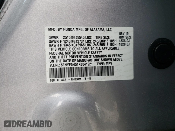 2019 Honda Pilot EX-L с VIN 5FNYF5H51KB041921, выставлен на аукционе Copart как лот 55774595 с пробегом 76 787 миль миль и Списание • Salvage title. История ставок и продаж доступна на DreamBid. Изображение 13.