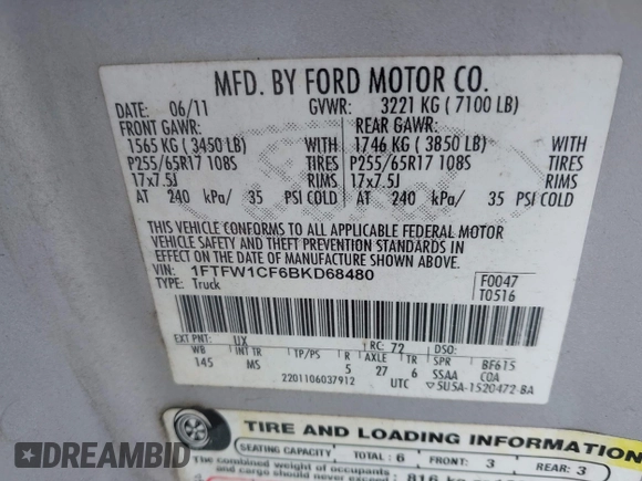 2011 Ford F-150 XL with VIN 1FTFW1CF6BKD68480, listed as a IAAI auction lot 41950791 with 219,496 mi miles. Bid and sale history available at carsss.com. Image 9.