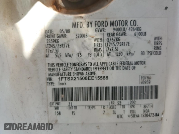 2008 Ford F-250 XL с VIN 1FTSX21508EE15568, выставлен на аукционе Copart как лот 55479405 с пробегом 441 704 миль миль и Списание • Salvage title. История ставок и продаж доступна на DreamBid. Изображение 12.