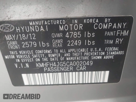 2012 Hyundai Azera with VIN KMHFH4JG5CA002049, listed as a IAAI auction lot 42164271 with 190,980 mi miles. Bid and sale history available at carsss.com. Image 9.