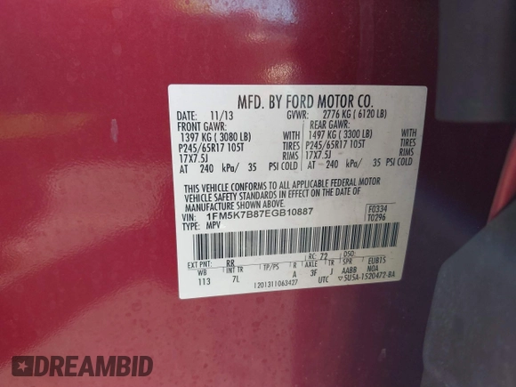 2014 Ford Explorer with VIN 1FM5K7B87EGB10887, listed as a IAAI auction lot 41451065 with 96,167 mi miles and . Bid and sale history available at DreamBid. Image 9.