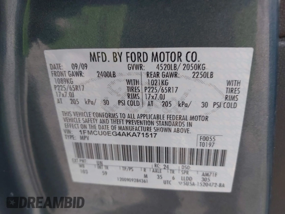2010 Ford Escape Limited z VIN 1FMCU0EG4AKA71517, wystawiony jako IAAI lot #41397390 z przebiegiem Nie podano mil oraz . Historia ofert i sprzedaży dostępna na DreamBid. Obrazek 9.