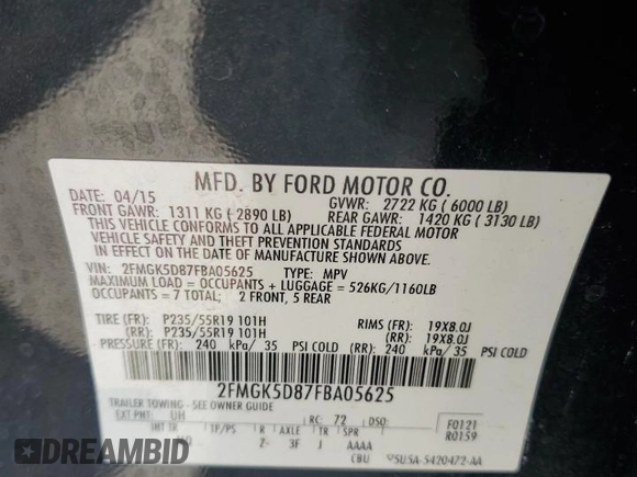 2015 Ford Flex Limited z VIN 2FMGK5D87FBA05625, wystawiony jako Copart lot #58551275 z przebiegiem 255 630 mil mil oraz Szkoda całkowita • Salvage title. Historia ofert i sprzedaży dostępna na DreamBid. Obrazek 13.