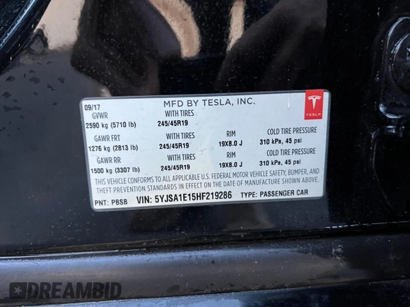 2017 Tesla Model S 60 with VIN 5YJSA1E15HF219286, listed as a Copart auction lot 84771024 with 43,259 mi miles and Salvage title. Bid and sale history available at DreamBid. Image 10.