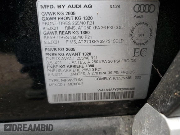2024 Audi SQ5 Premium with VIN WA1A4AFY6R2086308, listed as a Copart auction lot 84033484 with 160 mi miles and Non Repairable. Bid and sale history available at carsss.com. Image 13.