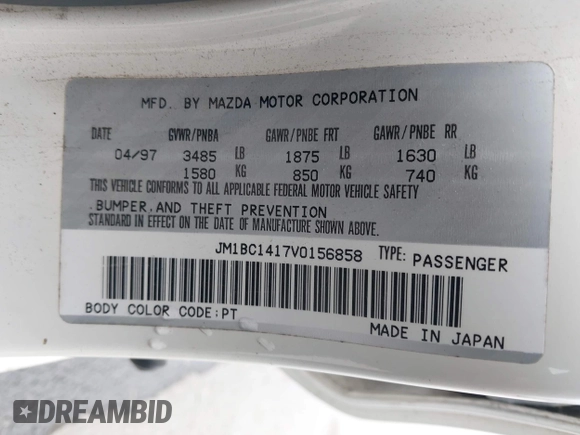 1997 Mazda Protege DX with VIN JM1BC1417V0156858, listed as a IAAI auction lot 42118339 with 187,673 mi miles and . Bid and sale history available at DreamBid. Image 9.