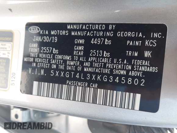 2019 Kia Optima LX with VIN 5XXGT4L3XKG345802, listed as a IAAI auction lot 42609317 with 74,664 mi miles and . Bid and sale history available at DreamBid. Image 9.