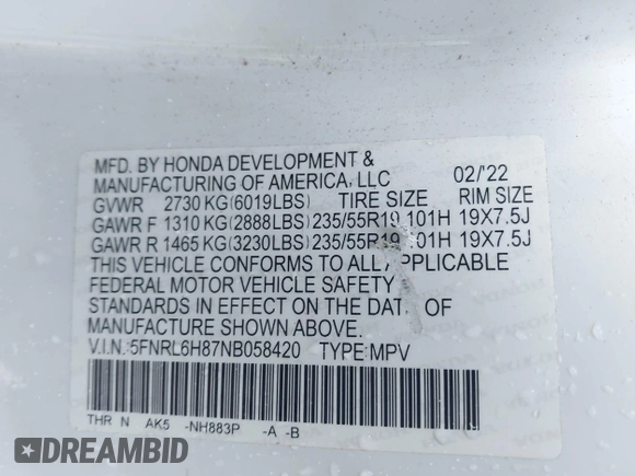 2022 Honda Odyssey Touring with VIN 5FNRL6H87NB058420, listed as a IAAI auction lot 42234499 with 78,633 mi miles and . Bid and sale history available at DreamBid. Image 9.