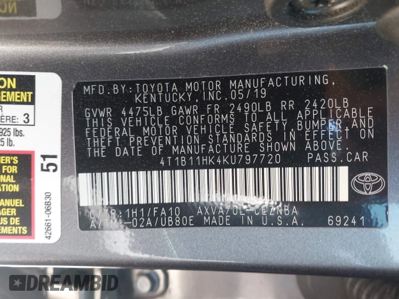 2019 Toyota Camry LE z VIN 4T1B11HK4KU797720, wystawiony jako IAAI lot #42053830 z przebiegiem 102 558 mil mil oraz . Historia ofert i sprzedaży dostępna na DreamBid. Obrazek 9.