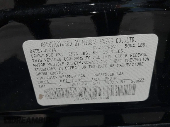 2015 Infiniti Q50 Premium with VIN JN1BV7AR8FM391645, listed as a IAAI auction lot 42158770 with 54,490 mi miles. Bid and sale history available at carsss.com. Image 9.