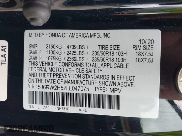2020 Honda CR-V EX with VIN 5J6RW2H52LL047075, listed as a IAAI auction lot 42517112 with 71,769 mi miles and . Bid and sale history available at DreamBid. Image 9.