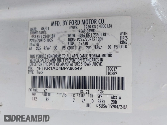 2011 Ford Ranger XL with VIN 1FTKR1AD4BPA66549, listed as a IAAI auction lot 41659176 with 198,605 mi miles. Bid and sale history available at carsss.com. Image 9.