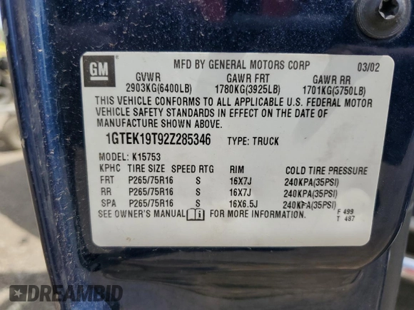 2002 GMC Sierra 1500 SLE z VIN 1GTEK19T92Z285346, wystawiony jako Copart lot #55022305 z przebiegiem 117 944 mil mil oraz Szkoda całkowita • Salvage title. Historia ofert i sprzedaży dostępna na DreamBid. Obrazek 12.