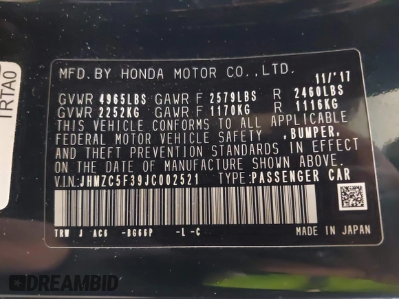 2018 Honda Clarity Touring z VIN JHMZC5F39JC002521, wystawiony jako IAAI lot #41428968 z przebiegiem 64 014 mil mil oraz . Historia ofert i sprzedaży dostępna na DreamBid. Obrazek 9.