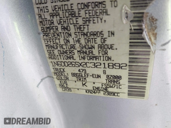 2002 Nissan Frontier XE with VIN 1N6DD26SX2C321892, listed as a IAAI auction lot 42638043 with 100,814 mi miles and . Bid and sale history available at DreamBid. Image 9.