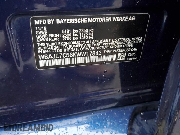 2019 BMW 5 Series 540i xDrive with VIN WBAJE7C56KWW17843, listed as a Copart auction lot 41979375 with Not Provided miles and Salvage Title. Bid and sale history available at DreamBid. Image 12.