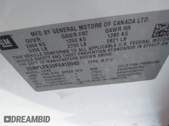 2015 Chevrolet Equinox LT with VIN 2GNFLFE30F6410943, listed as a IAAI auction lot 41208733 with 161,259 mi miles and . Bid and sale history available at DreamBid. Image 9.