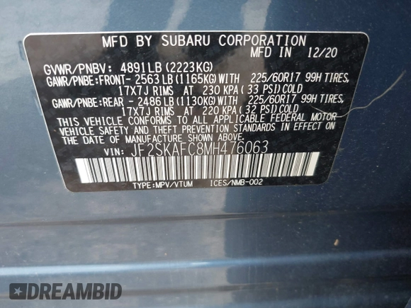 2021 Subaru Forester Premium with VIN JF2SKAFC8MH476063, listed as a IAAI auction lot 42622238 with 89,968 mi miles and . Bid and sale history available at DreamBid. Image 9.