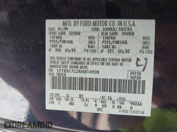 1999 Ford F-150 XL with VIN 1FTRX17L3XNB16928, listed as a IAAI auction lot 42739602 with 118,577 mi miles and . Bid and sale history available at DreamBid. Image 9.