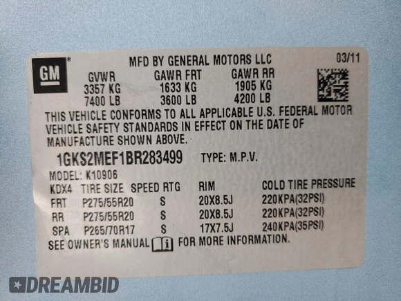 2011 GMC Yukon XL Denali with VIN 1GKS2MEF1BR283499, listed as a Copart auction lot 53650795 with 127,551 mi miles and Clean Title. Bid and sale history available at carsss.com. Image 13.