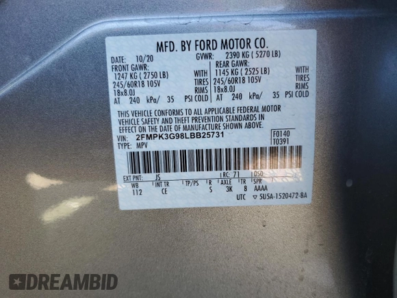 2020 Ford Edge SE с VIN 2FMPK3G98LBB25731, выставлен на аукционе Copart как лот 56233455 с пробегом 34 290 миль миль и Списание • Salvage title. История ставок и продаж доступна на DreamBid. Изображение 13.