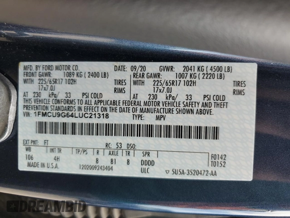 2020 Ford Escape SE with VIN 1FMCU9G64LUC21318, listed as a Copart auction lot 60550845 with 75,154 mi miles and Salvage title. Bid and sale history available at DreamBid. Image 13.