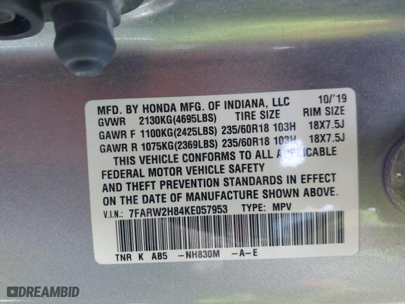 2019 Honda CR-V EX-L with VIN 7FARW2H84KE057953, listed as a IAAI auction lot 41967979 with 66,959 mi miles. Bid and sale history available at carsss.com. Image 9.