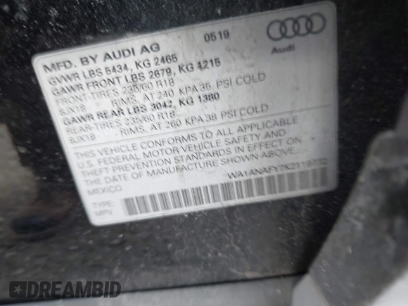 2019 Audi Q5 Premium with VIN WA1ANAFY7K2119772, listed as a IAAI auction lot 41351070 with 80,284 mi miles and . Bid and sale history available at DreamBid. Image 9.