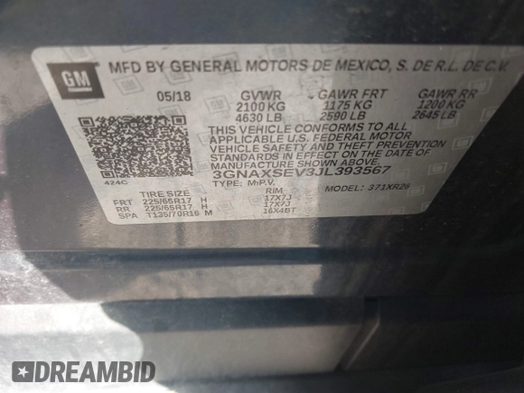 2018 Chevrolet Equinox LT with VIN 3GNAXSEV3JL393567, listed as a IAAI auction lot 40687133 with 60,658 mi miles. Bid and sale history available at carsss.com. Image 9.