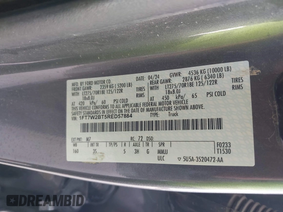 2024 Ford F-250 XL with VIN 1FT7W2BT5RED57884, listed as a IAAI auction lot 42605362 with 37,644 mi miles and . Bid and sale history available at DreamBid. Image 9.