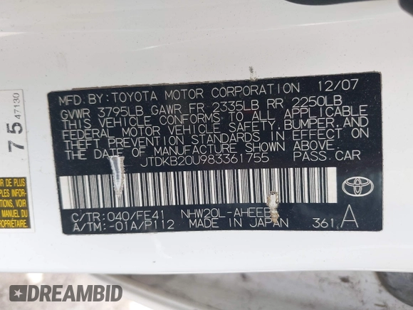2008 Toyota Prius with VIN JTDKB20U983361755, listed as a IAAI auction lot 42187981 with 220,113 mi miles. Bid and sale history available at carsss.com. Image 9.