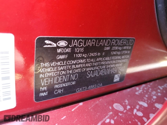 2017 Jaguar XE 35t Premium with VIN SAJAD4BVXHA971944, listed as a Copart auction lot 48487655 with 44,914 mi miles and Salvage Title. Bid and sale history available at DreamBid. Image 12.