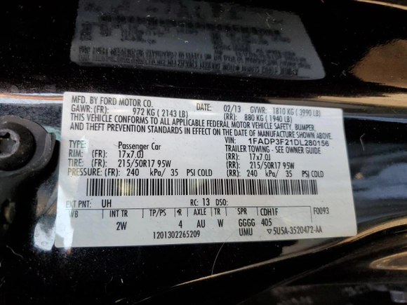 2013 Ford Focus SE with VIN 1FADP3F21DL280156, listed as a Copart auction lot 59814185 with 103,252 mi miles and Salvage title. Bid and sale history available at DreamBid. Image 12.