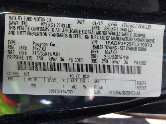 2015 Ford Focus SE with VIN 1FADP3F29FL210973, listed as a IAAI auction lot 41874367 with 128,705 mi miles. Bid and sale history available at carsss.com. Image 9.