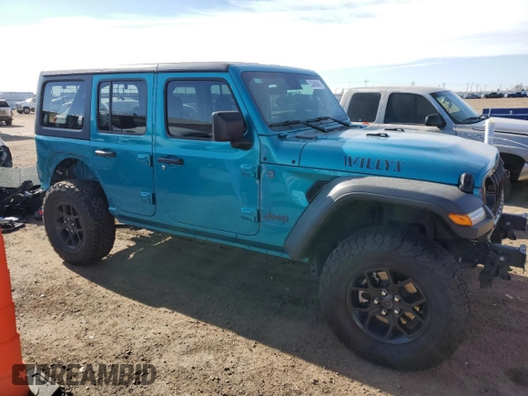 2024 Jeep Wrangler Willys z VIN 1C4RJXN67RW218280, wystawiony jako Copart lot #53845845 z przebiegiem 5 281 mil mil oraz Szkoda całkowita • Salvage title. Historia ofert i sprzedaży dostępna na DreamBid. Obrazek 4.