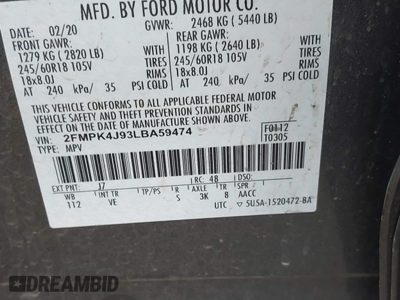 2020 Ford Edge SEL с VIN 2FMPK4J93LBA59474, выставлен на аукционе IAAI как лот 42278815 с пробегом 72 853 миль миль и . История ставок и продаж доступна на DreamBid. Изображение 9.