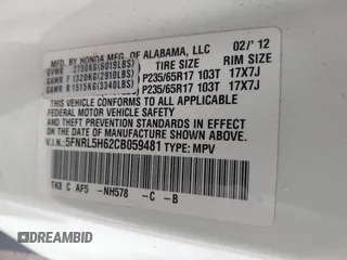 2012 Honda Odyssey EX-L with VIN 5FNRL5H62CB059481, listed as a IAAI auction lot 42241415 with 135,244 mi miles and . Bid and sale history available at DreamBid. Image 9.