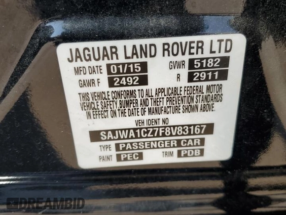2015 Jaguar XJ with VIN SAJWA1CZ7F8V83167, listed as a Copart auction lot 74991144 with 94,502 mi miles and Salvage Title. Bid and sale history available at carsss.com. Image 14.