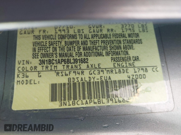 2011 Nissan Versa S with VIN 3N1BC1AP6BL391682, listed as a IAAI auction lot 42228389 with 219,572 mi miles and . Bid and sale history available at DreamBid. Image 9.