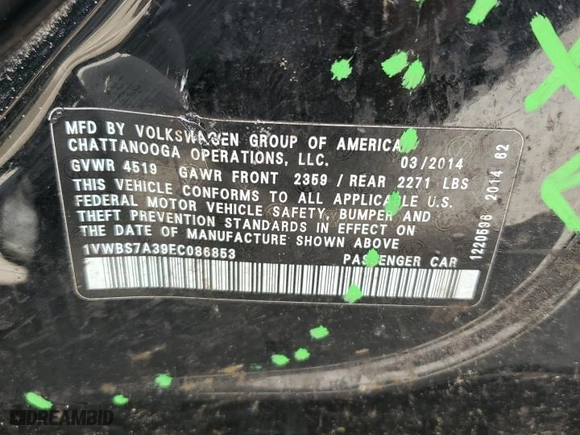 2014 Volkswagen Passat SE w/Sunroof with VIN 1VWBS7A39EC086853, listed as a Copart auction lot 49458675 with 118,148 mi miles and Non Repairable. Bid and sale history available at carsss.com. Image 12.