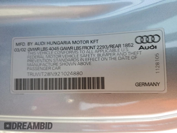 2002 Audi TT ALMS Edition with VIN TRUWT28N921024880, listed as a Copart auction lot 43742855 with 111,329 mi miles and Salvage title. Bid and sale history available at DreamBid. Image 14.