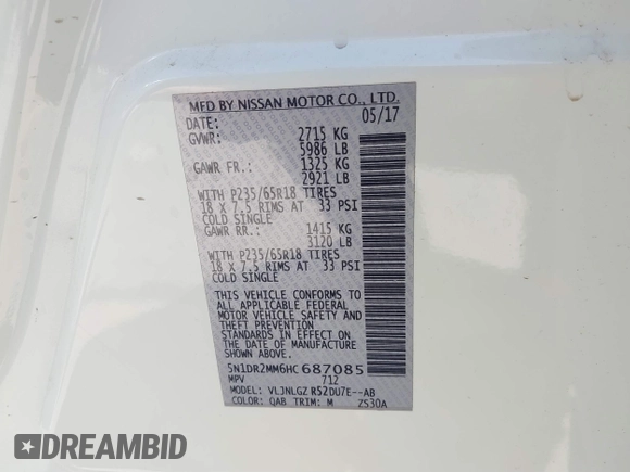 2017 Nissan Pathfinder SV z VIN 5N1DR2MM6HC687085, wystawiony jako IAAI lot #41793687 z przebiegiem 138 842 mil mil oraz . Historia ofert i sprzedaży dostępna na DreamBid. Obrazek 9.