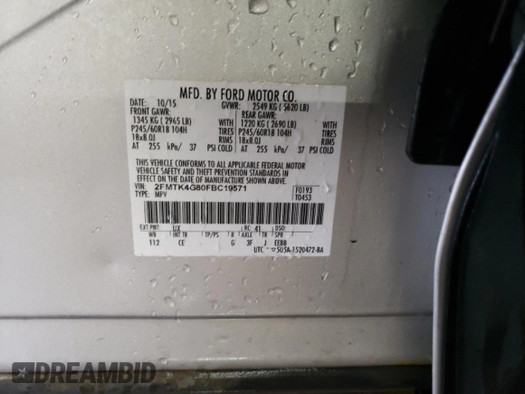 2015 Ford Edge SE with VIN 2FMTK4G80FBC19571, listed as a Copart auction lot 50787015 with 104,643 mi miles and Salvage title. Bid and sale history available at DreamBid. Image 13.