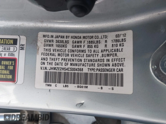 2012 Honda Insight LX with VIN JHMZE2H54CS004368, listed as a IAAI auction lot 42336248 with 83,410 mi miles and . Bid and sale history available at DreamBid. Image 9.