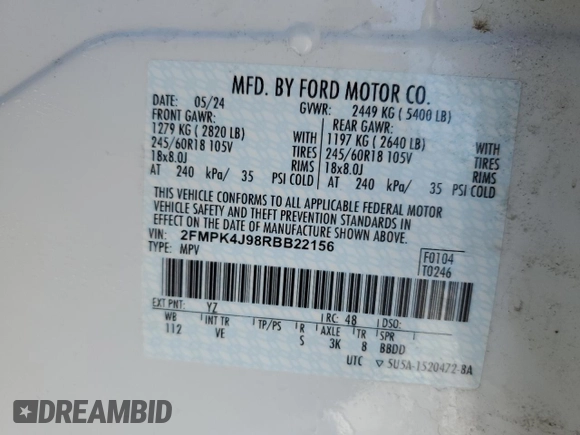 2024 Ford Edge SEL with VIN 2FMPK4J98RBB22156, listed as a Copart auction lot 45891155 with 3,837 mi miles and Salvage Title. Bid and sale history available at carsss.com. Image 16.