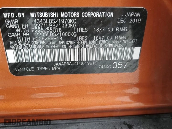 2020 Mitsubishi Outlander Sport ES 2.0 with VIN JA4AP3AU4LU019919, listed as a Copart auction lot 85938144 with 116,856 mi miles and Clean Title. Bid and sale history available at carsss.com. Image 13.